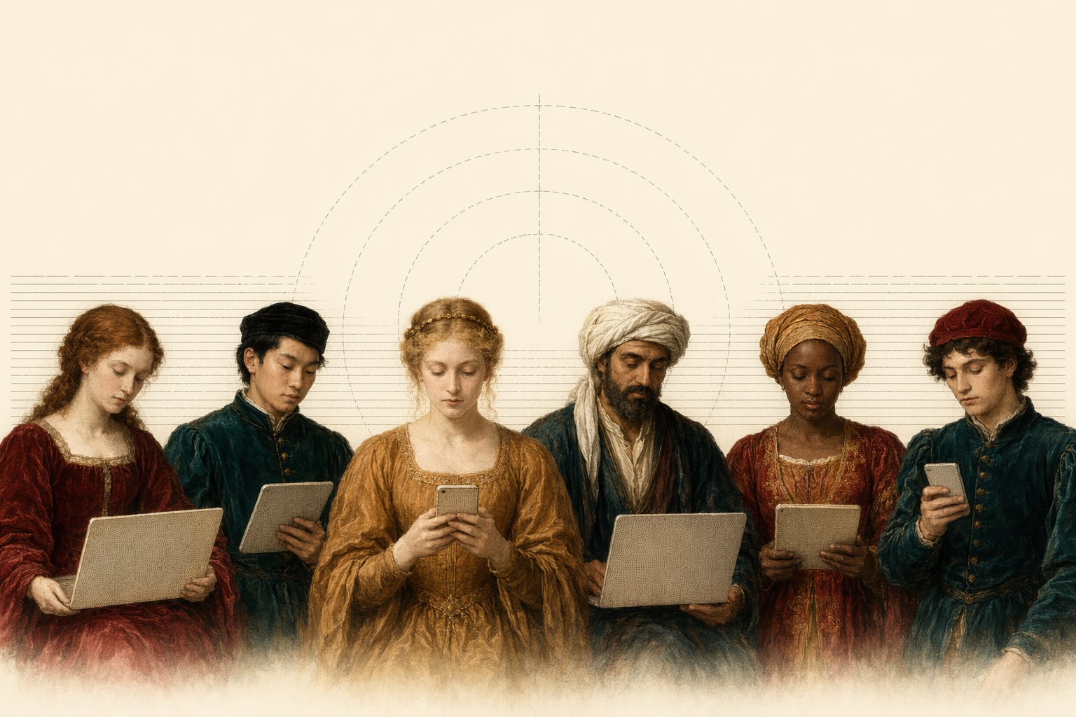 A row of Renaissance-painted figures of varied ethnicities, each holding a halftone-illustrated laptop, smartphone, or tablet along a continuous printed band at the bottom of the panel