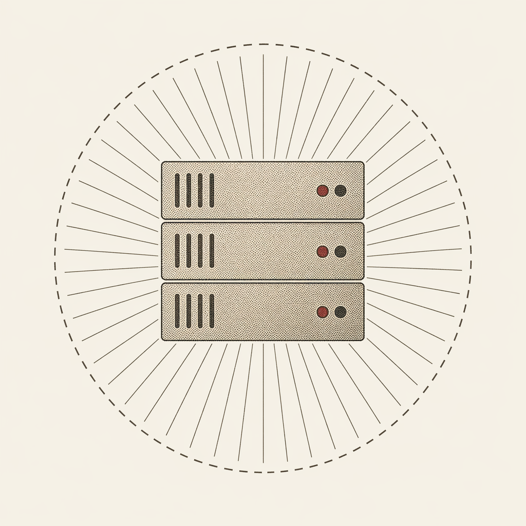 Halftone-printed server stack on cream paper with a linograph radiating overlay