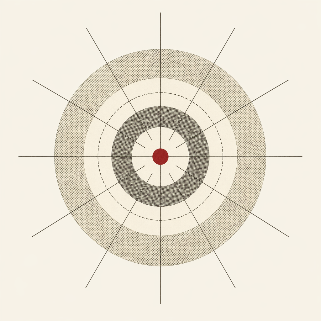Halftone-filled circle with concentric linograph rings and radiating rays