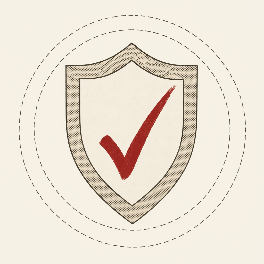 Halftone heraldic shield with a deep red checkmark, framed by linograph circles