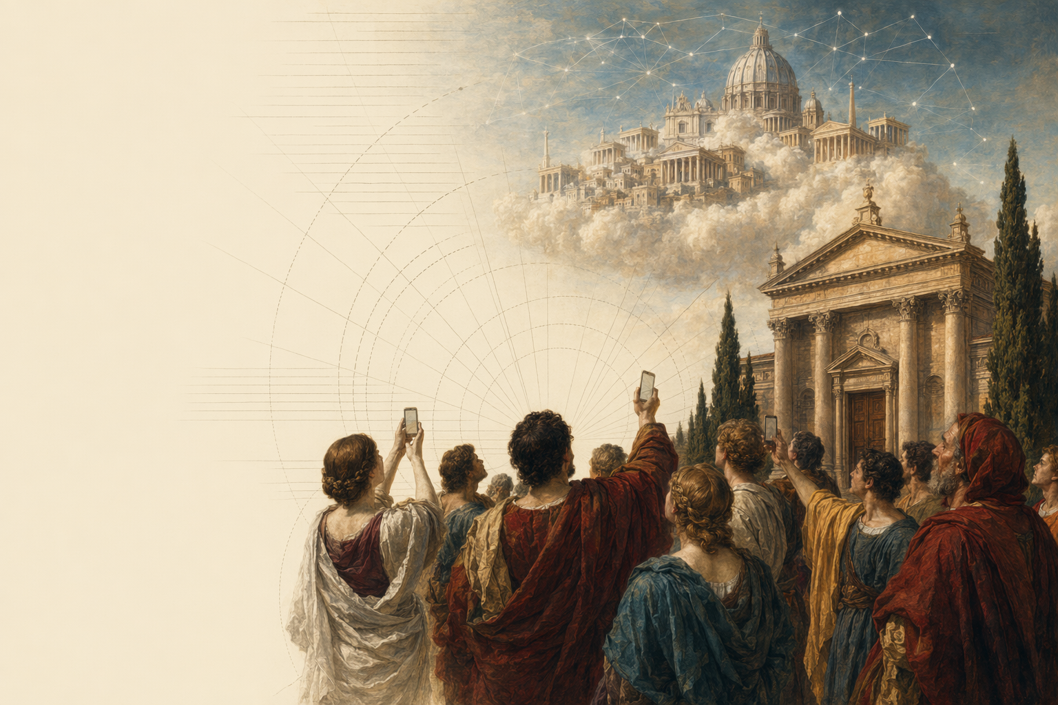 Renaissance-style oil painting: a monumental classical city floats on clouds in the upper sky, a grounded ochre cathedral with a carved wooden door anchors the right, and a robed crowd in the foreground holds up halftone-illustrated smartphones to photograph the scene